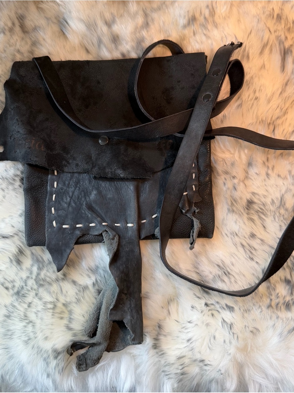 Black Handstitched Fringe Leather Crossbody Bag